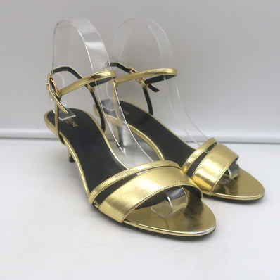 Celine Double-Strap Kitten Heel Sandals Gold Metallic Leather Size 38 NEW
