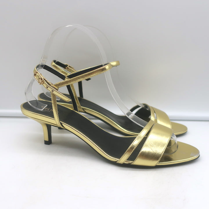 Celine Double-Strap Kitten Heel Sandals Gold Metallic Leather Size 38 NEW