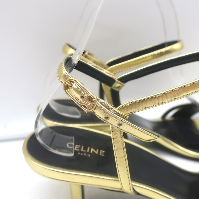 Celine Double-Strap Kitten Heel Sandals Gold Metallic Leather Size 38 NEW