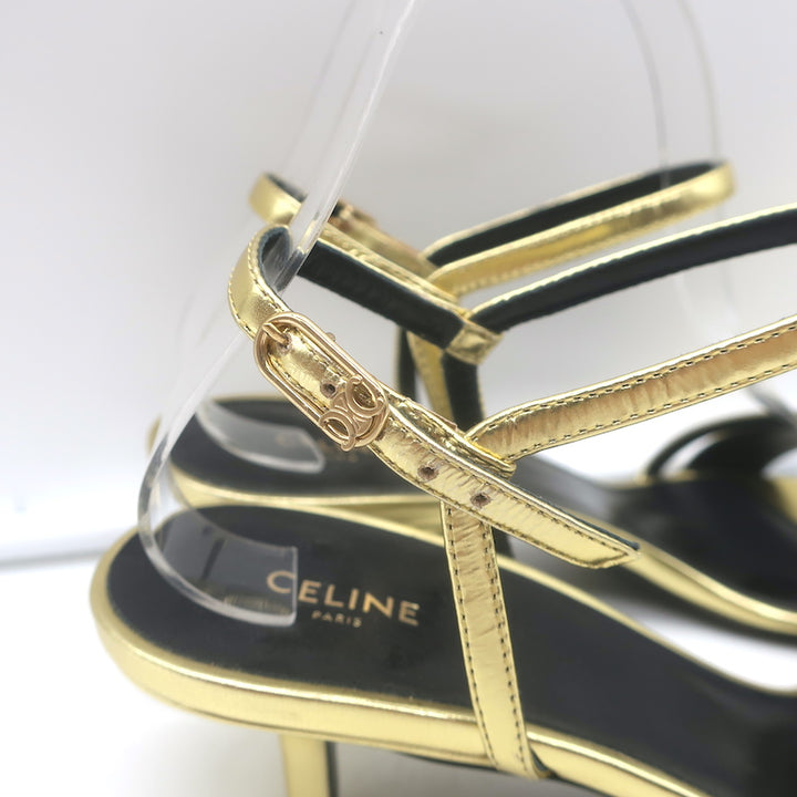 Celine Double-Strap Kitten Heel Sandals Gold Metallic Leather Size 38 NEW
