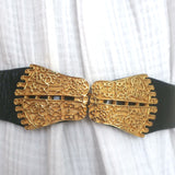 Judith Leiber Carved Feet Buckle Waist Belt Black Leather One Size