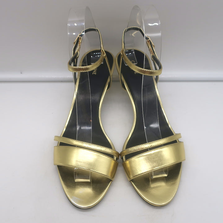 Celine Double-Strap Kitten Heel Sandals Gold Metallic Leather Size 38 NEW