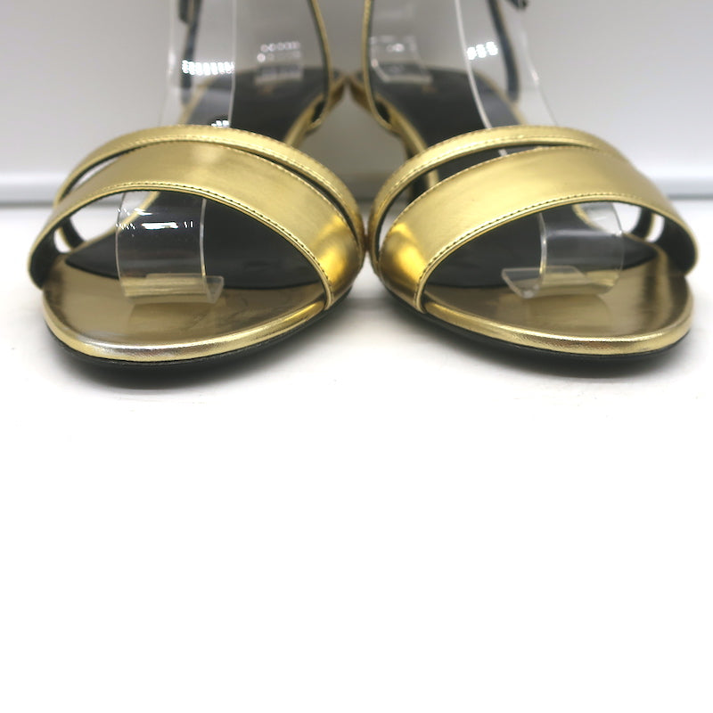 Celine Double-Strap Kitten Heel Sandals Gold Metallic Leather Size 38 NEW