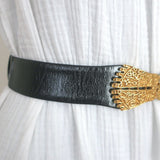 Judith Leiber Carved Feet Buckle Waist Belt Black Leather One Size