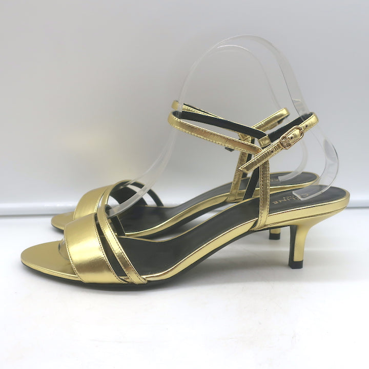 Celine Double-Strap Kitten Heel Sandals Gold Metallic Leather Size 38 NEW