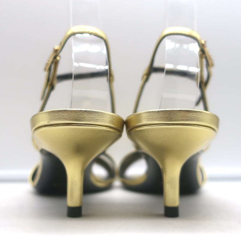 Celine Double-Strap Kitten Heel Sandals Gold Metallic Leather Size 38 NEW