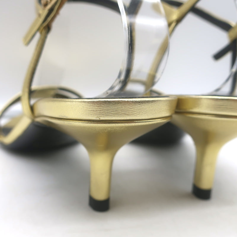 Celine Double-Strap Kitten Heel Sandals Gold Metallic Leather Size 38 NEW