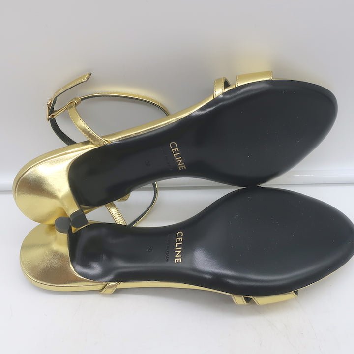 Celine Double-Strap Kitten Heel Sandals Gold Metallic Leather Size 38 NEW