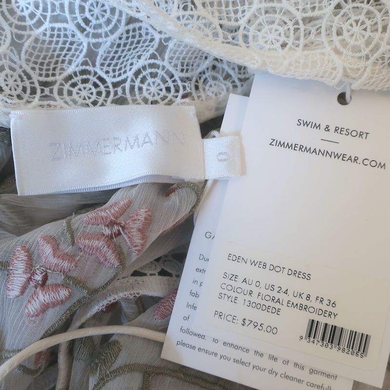 Zimmermann Eden Web Dot Midi Dress White Floral Embroidered Silk Size 0 NEW