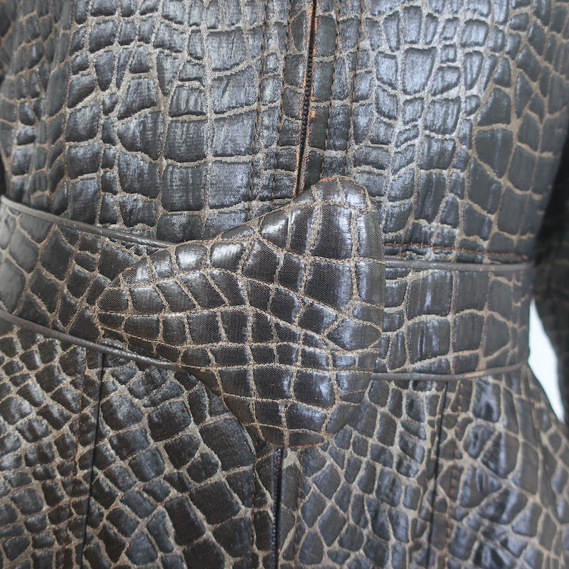 Vintage Galanos Croc-Embossed Belted Coat Dark Brown Jacquard Size Medium
