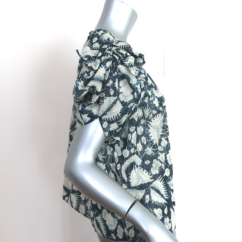 Ulla Johnson Top Nova Indigo Lurex Floral Print Silk Size 2 Puff Sleeve Blouse