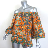 La DoubleJ Paloma off-shoulder top in orange printed poplin, authentic luxury pre-owned