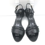 Celine Double-Strap Kitten Heel Sandals Black Grained Patent Leather Size 38 NEW