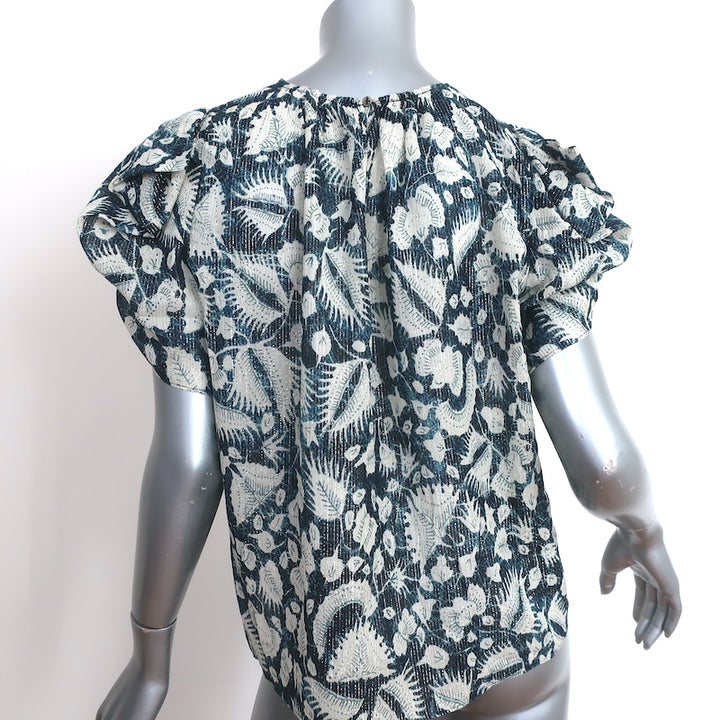 Ulla Johnson Top Nova Indigo Lurex Floral Print Silk Size 2 Puff Sleeve Blouse