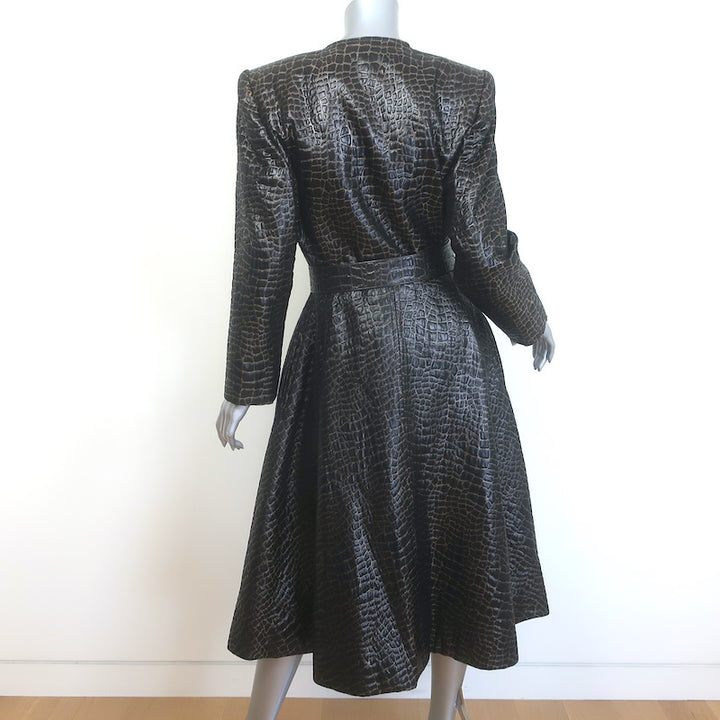 Vintage Galanos Croc-Embossed Belted Coat Dark Brown Jacquard Size Medium