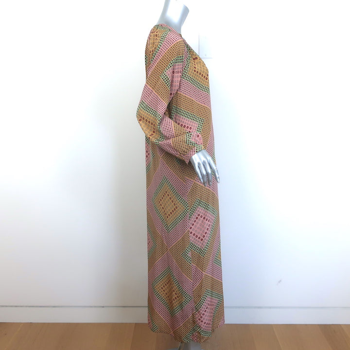 Momoni Lela Long Sleeve Maxi Dress Pink/Beige Printed Silk Size 40
