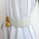 Judith Leiber Gold Man Buckle Wide Belt Cream Leather One Size