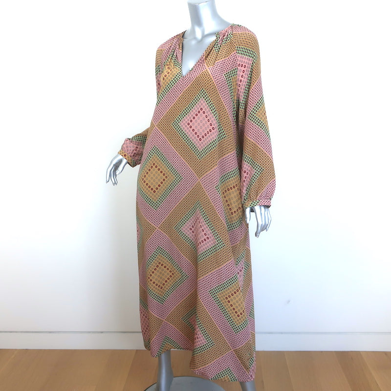 Momoni Lela Long Sleeve Maxi Dress Pink/Beige Printed Silk Size 40