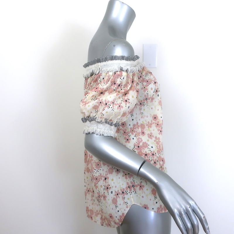 Pre-owned Chloé off-the-shoulder puff-sleeve top in cream with pink floral print, 65% cotton/35% silk, authentic designer piece