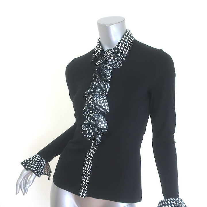 Anne Fontaine Emira Houndstooth Ruffle Button Down Blouse Black Size 38