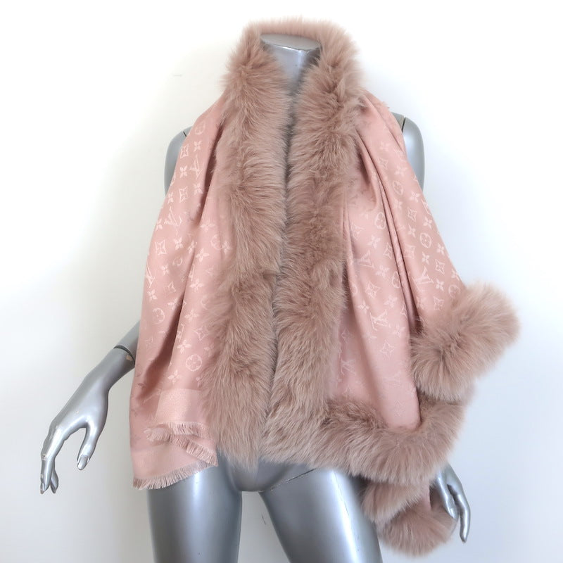 Louis Vuitton Fox Fur-Trimmed Monogram Shawl Blush Pink Silk-Wool