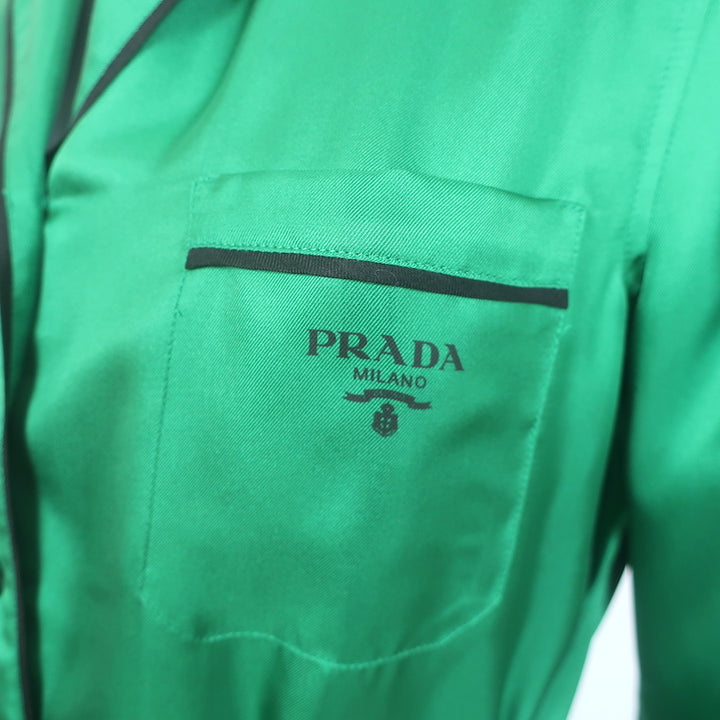 Prada Pajama Shirtdress Robe Green Silk Twill Size 40 Belted Maxi Dress