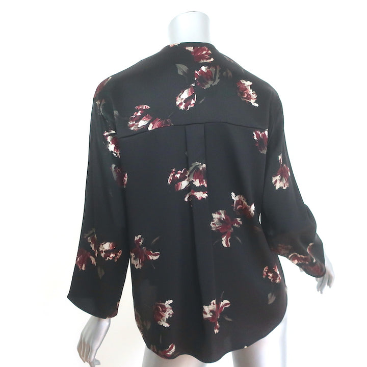 Vince Button Down Blouse Black Tulip Print Satin Size Extra Extra Small