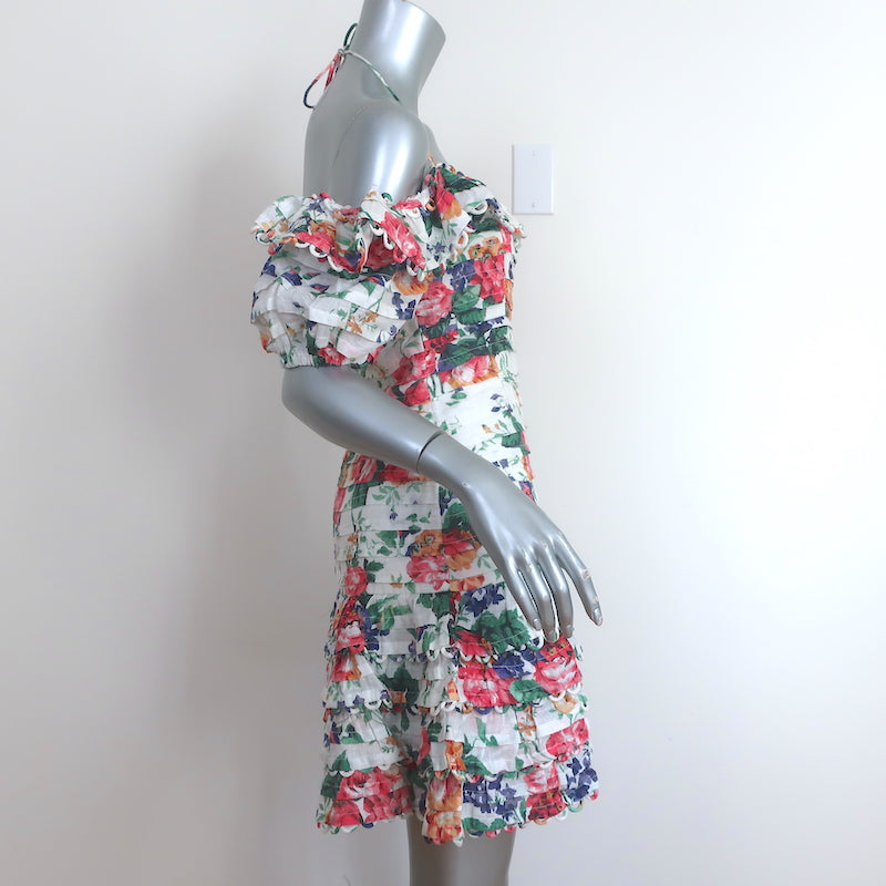 Zimmermann Off the Shoulder Mini Dress Allia White Floral Print Linen Size 2