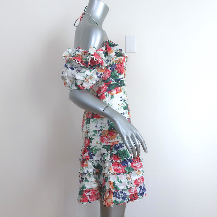 Zimmermann Off the Shoulder Mini Dress Allia White Floral Print Linen Size 2