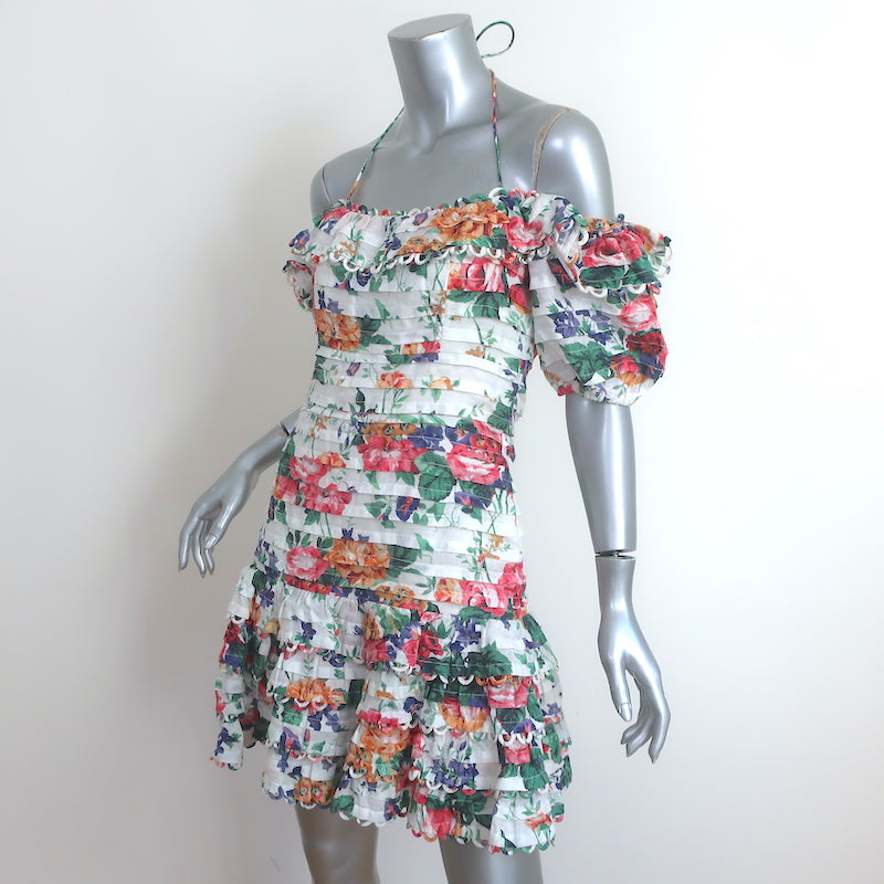 Zimmermann Off the Shoulder Mini Dress Allia White Floral Print Linen Size 2