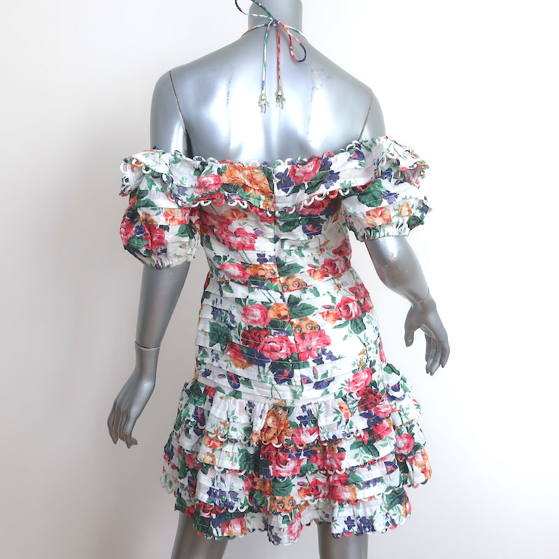 Zimmermann Off the Shoulder Mini Dress Allia White Floral Print Linen Size 2