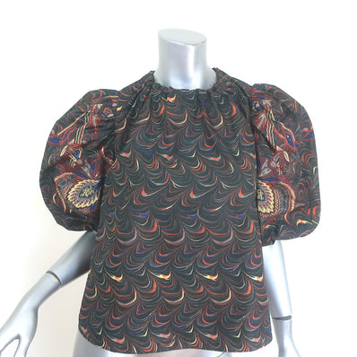 Ulla Johnson Lorena Puff Sleeve Top Obsidian Marble Print Taffeta Size 0