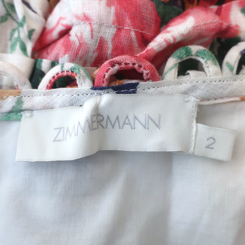 Zimmermann Off the Shoulder Mini Dress Allia White Floral Print Linen Size 2
