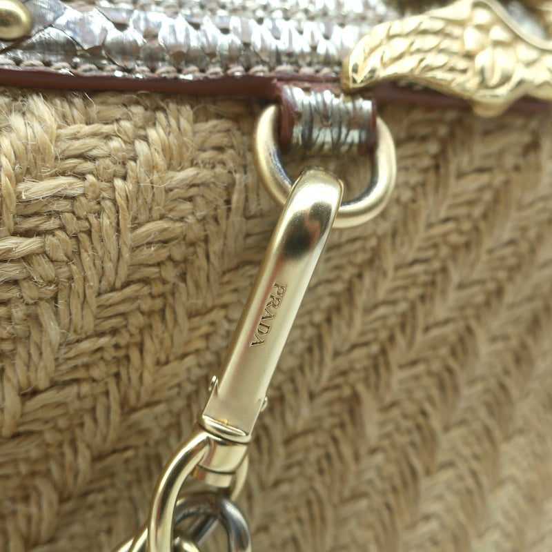 Prada Metallic Snakeskin-Trimmed Raffia Medium Hobo Bag Beige/Gold