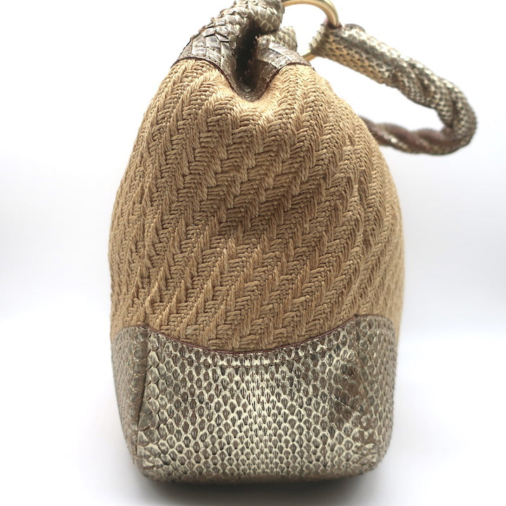 Prada Metallic Snakeskin-Trimmed Raffia Medium Hobo Bag Beige/Gold