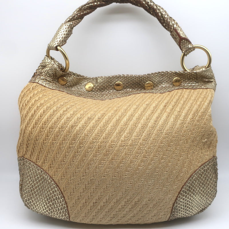 Prada Metallic Snakeskin-Trimmed Raffia Medium Hobo Bag Beige/Gold