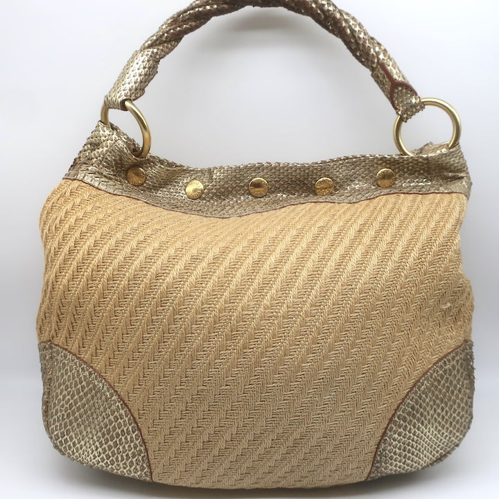 Prada Metallic Snakeskin-Trimmed Raffia Medium Hobo Bag Beige/Gold