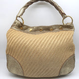 Prada Metallic Snakeskin-Trimmed Raffia Medium Hobo Bag Beige/Gold