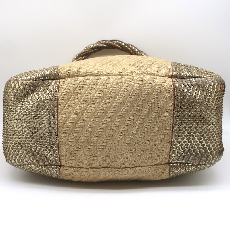 Prada Metallic Snakeskin-Trimmed Raffia Medium Hobo Bag Beige/Gold