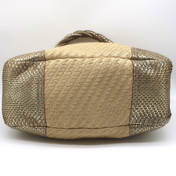 Prada Metallic Snakeskin-Trimmed Raffia Medium Hobo Bag Beige/Gold