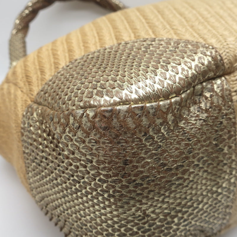 Prada Metallic Snakeskin-Trimmed Raffia Medium Hobo Bag Beige/Gold