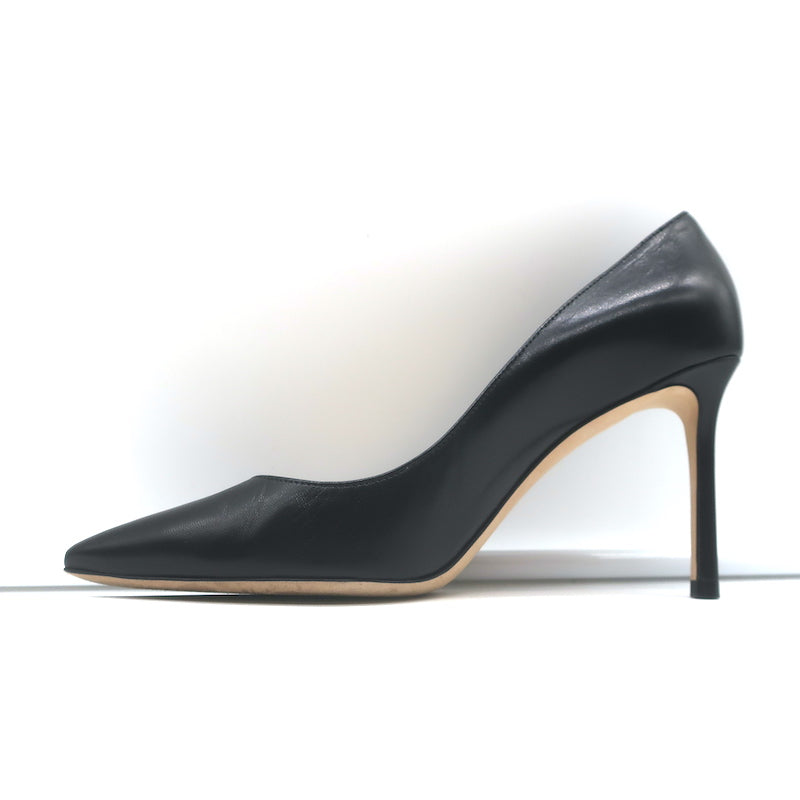 Jimmy Choo Romy 85 Pumps Black Kid Leather Size 38.5 Pointed Toe Heels