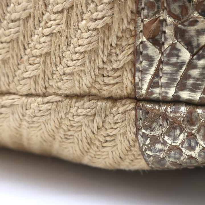 Prada Metallic Snakeskin-Trimmed Raffia Medium Hobo Bag Beige/Gold