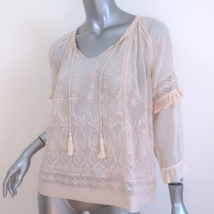 Ulla Johnson Emma Blouse Light Pink Embroidered Silk Size 2 Tassel Tie Top NEW