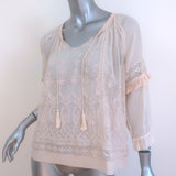 Ulla Johnson Emma Blouse Light Pink Embroidered Silk Size 2 Tassel Tie Top NEW