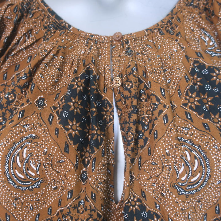 THE GREAT The Moorland Puff Sleeve Top Brown Printed Cotton Poplin Size 1