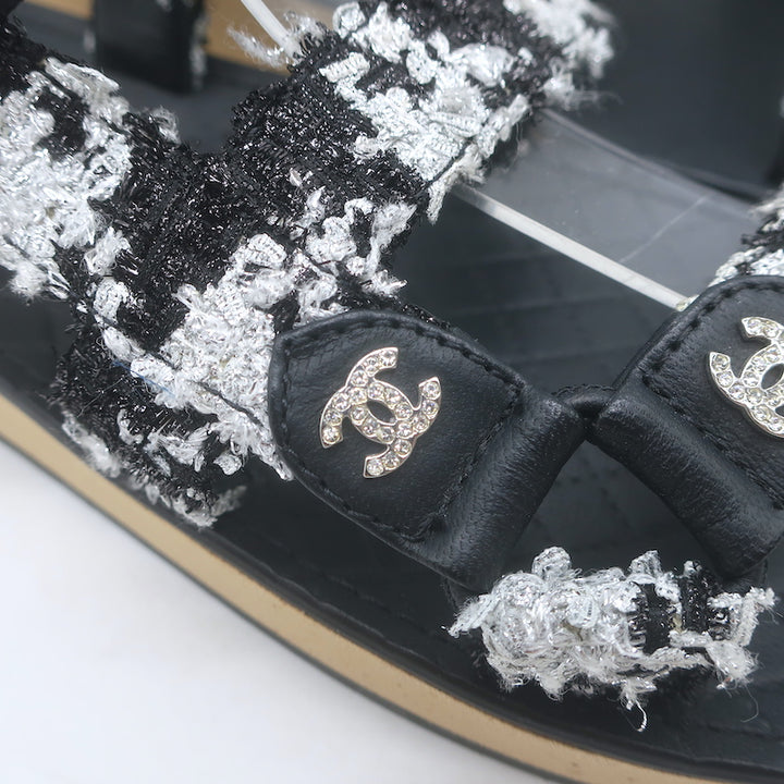 Chanel Crystal-CC Metallic Tweed Dad Sandals Black/Silver Size 36