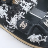 Chanel Crystal-CC Metallic Tweed Dad Sandals Black/Silver Size 36