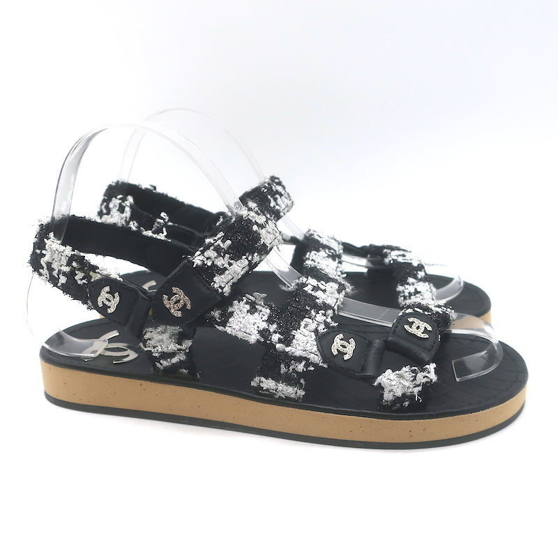 Chanel Crystal-CC Metallic Tweed Dad Sandals Black/Silver Size 36