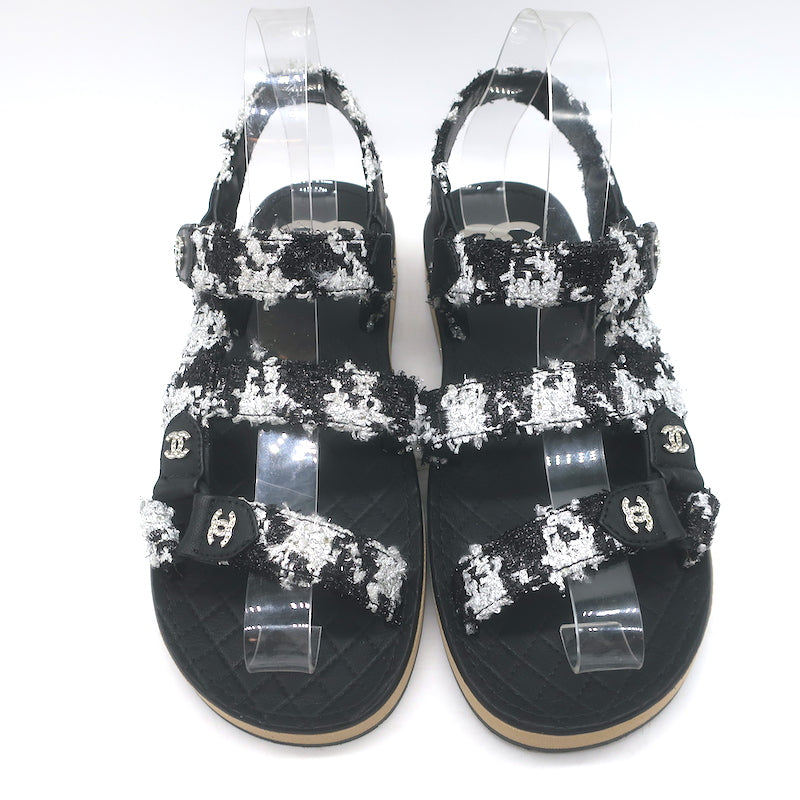 Chanel Crystal-CC Metallic Tweed Dad Sandals Black/Silver Size 36